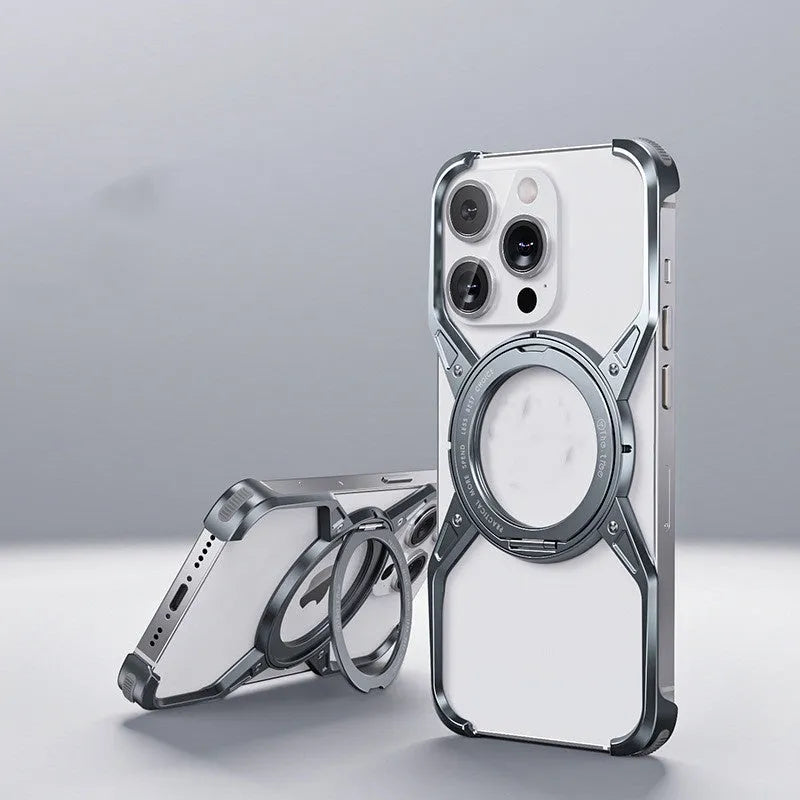 Metal shockproof phone case with built-in kickstand and magnetic mount for Apple iPhone 13 14 15 series in silver and gray