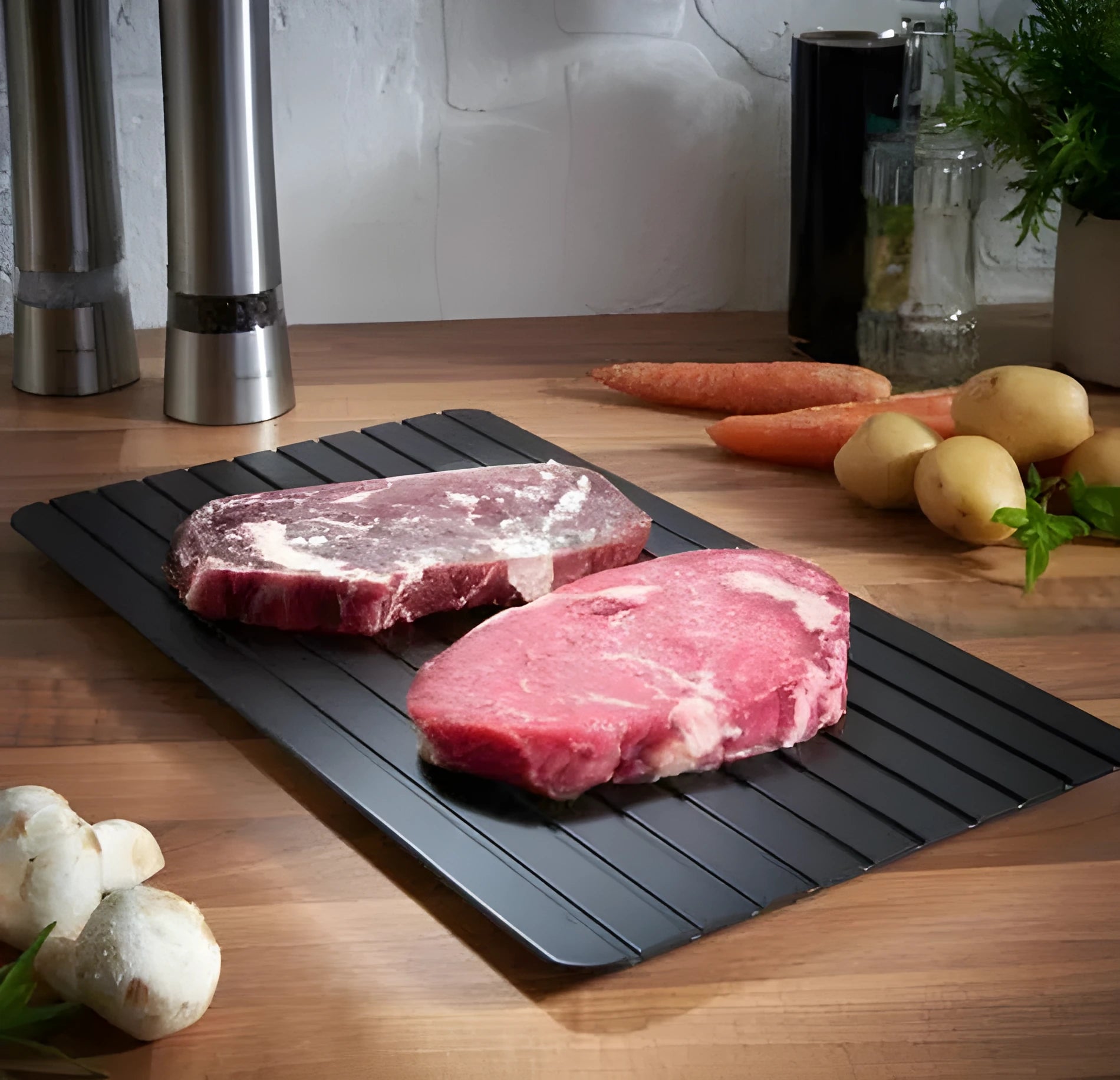 Black aluminium kitchen defrosting tray for thawing frozen food without electricity