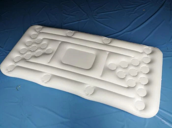 White inflatable beer pong table with built-in cooler floating in pool