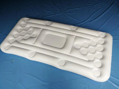 White inflatable beer pong table with built-in cooler floating in pool