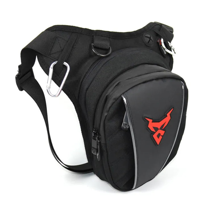 Red motorcycle crossbody leg bag made of 1200D Oxford cloth showing size and strap.