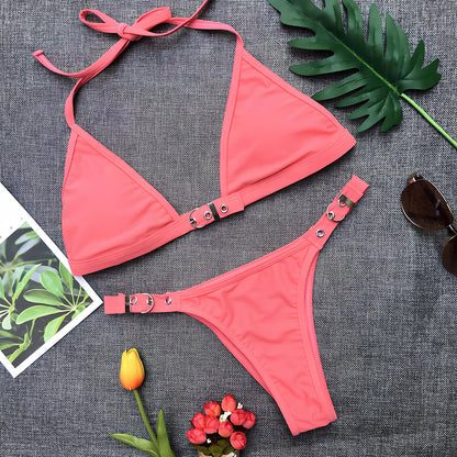 Women's black adjustable nylon bikini set with removable pads and tie straps