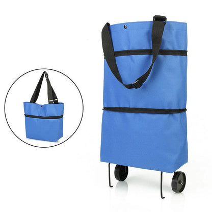 Folding shopping cart with wheels and reusable bags in various colors