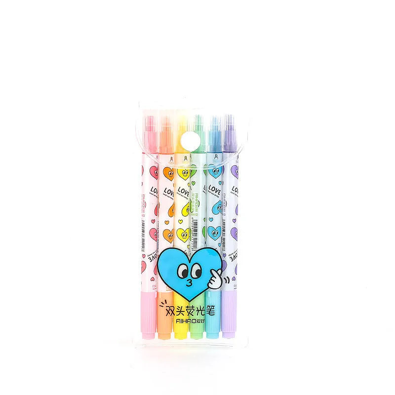 Set of six double-headed watercolour highlighter pens showing pink, orange, yellow, green, blue, and purple colours.