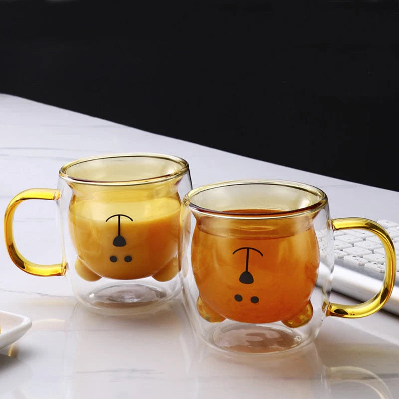 Creative Bear Double Coffee Milk Glass Cup for kids in four colours