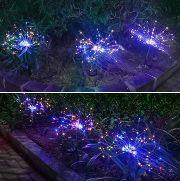 Solar-powered string lights with fireworks-inspired lighting effects, perfect for outdoor gardens, patios, and parties