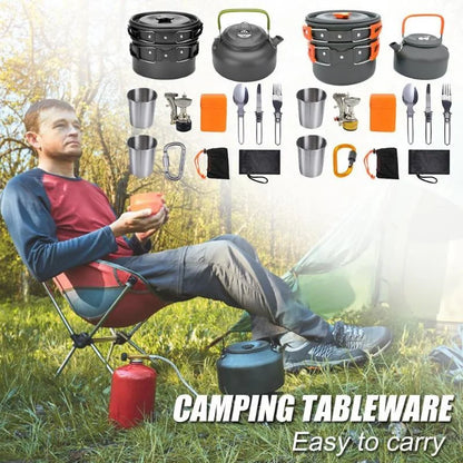 Aluminum camping cookware set with pots, pans, and utensils for outdoor cooking