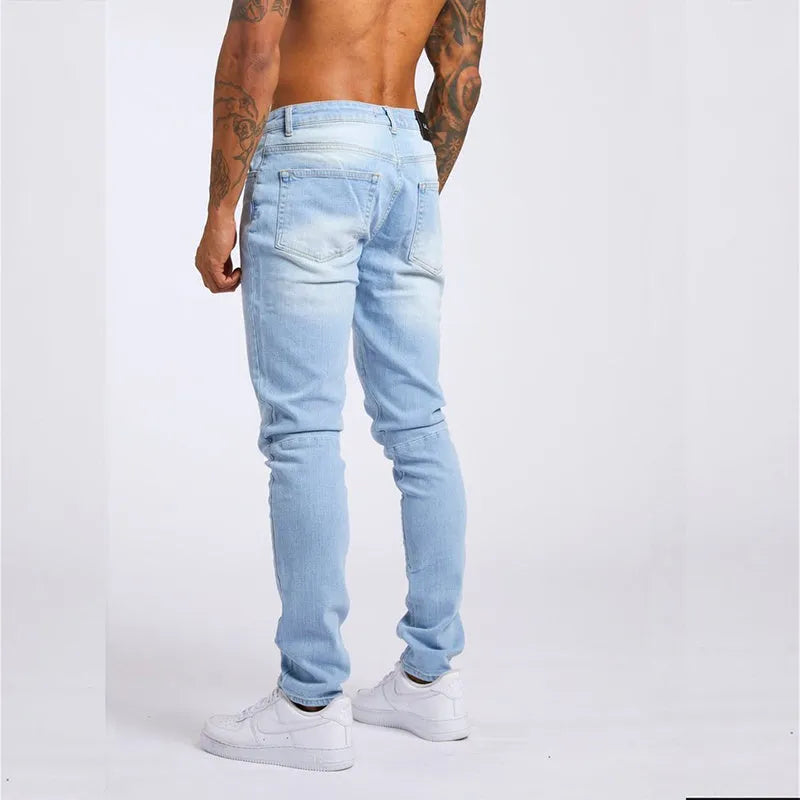 Men's casual slim fit high waist jeans in light blue cotton with five pockets