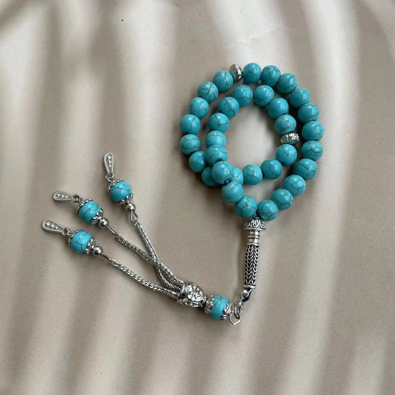 Sky blue handmade Muslim prayer bracelet with 8mm stone beads for daily worship and dhikr counting