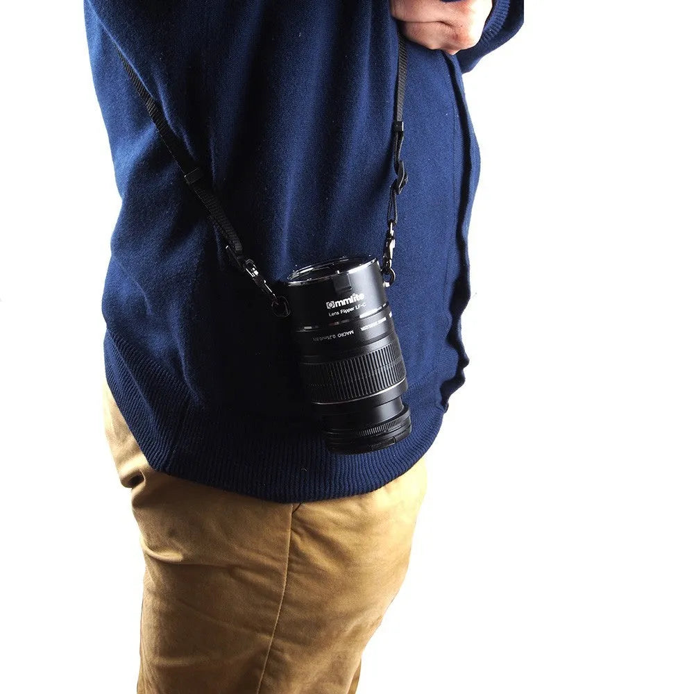 Aluminium alloy camera lens flipper dual holder with stainless steel buckle and cotton strap.