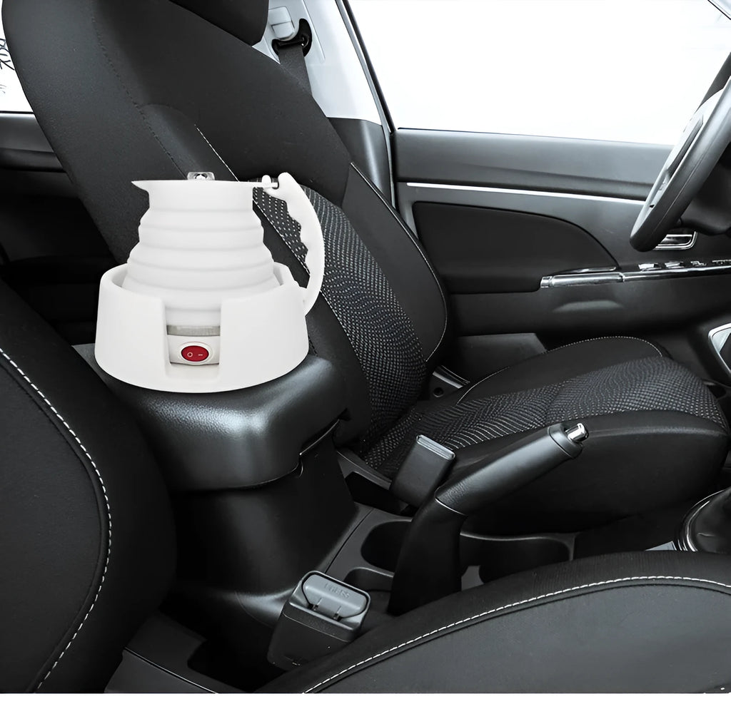 Car folding electric heating kettle 12V portable with silicone body and cup holder