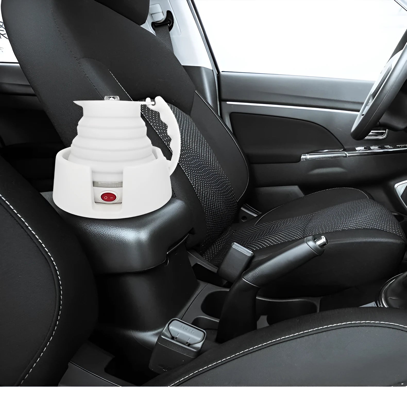 Car folding electric heating kettle 12V portable with silicone body and cup holder