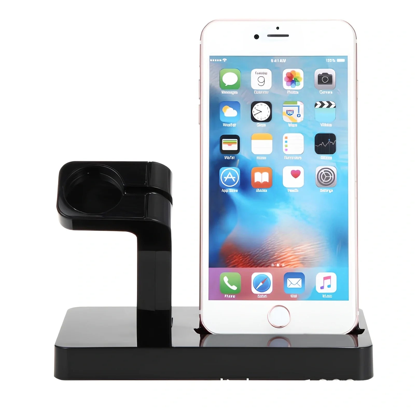 White 2-in-1 charging dock holding iPhone and Apple Watch, 150x78x106mm ABS stand with non-slip pads