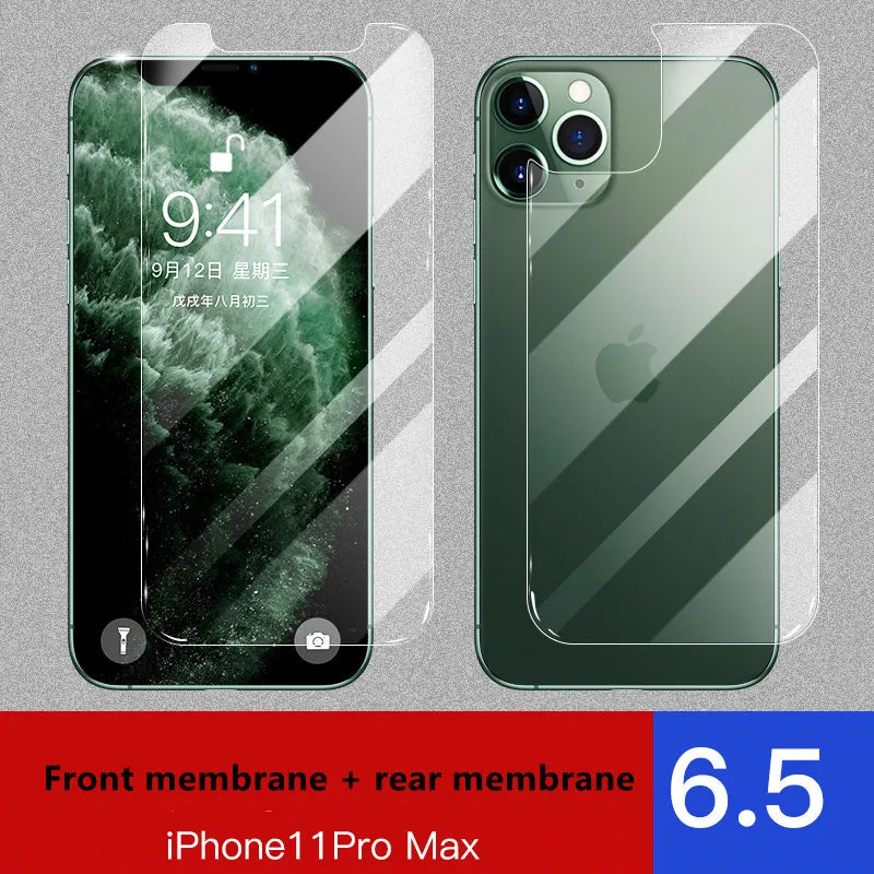 iPhone tempered glass screen protector and rear camera protector film set for 11, X, and XS models.