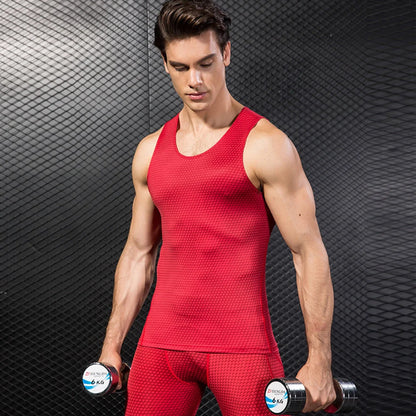 Men's sports vest in polyester fibre, available in blue, black, red, white, and grey