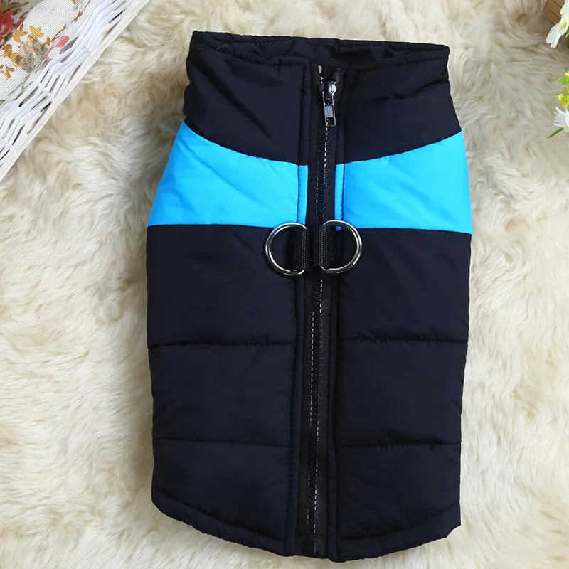 Autumn winter dog ski suit cotton coat vest in blue, showing vest style and casual design