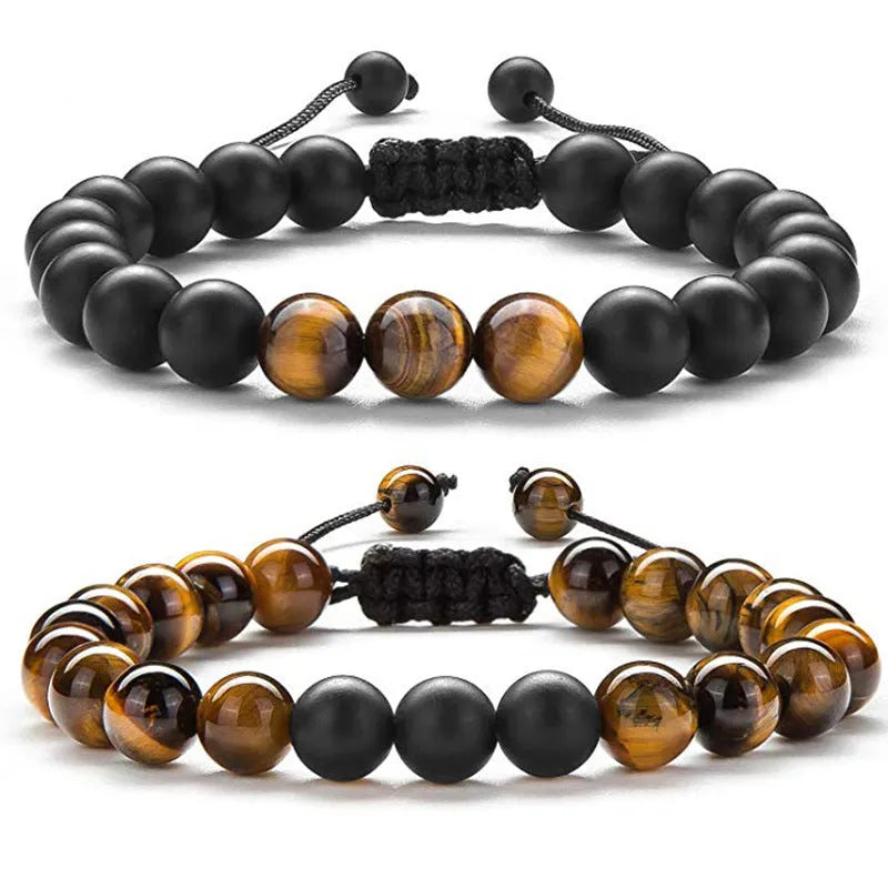 Tiger eye agate couple bracelets with matte black beads in geometric European-American design