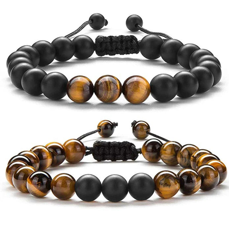 Tiger Eye Couple Bracelets with matte black agate beads, modern geometry design