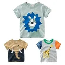 Boy wearing a cotton t-shirt with a green lion print, showing short sleeves and casual fit.