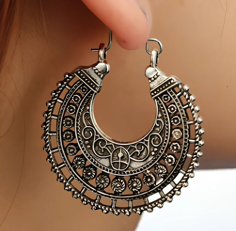 Pair of bohemian ethnic alloy earrings with 5cm geometric plated design for women's fashion