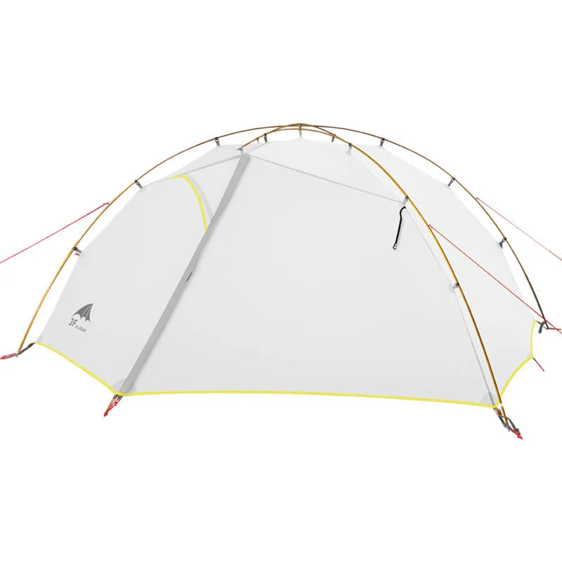 Double layer camping tent in dark green camouflage with two rooms and one hall, aluminium alloy poles, set up outdoors