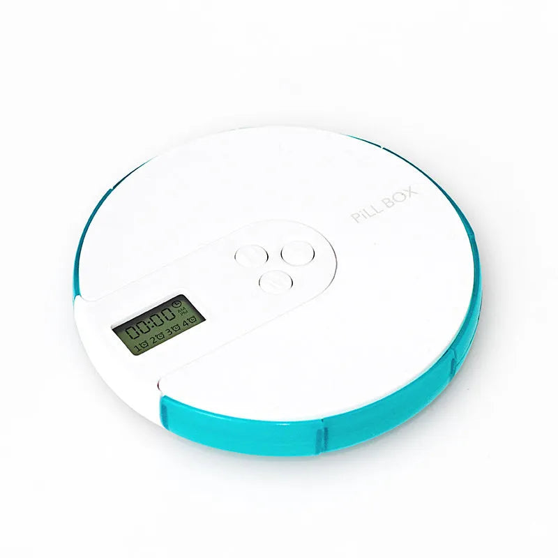 A compact blue alarm clock pill dispenser with seven compartments and an LED time display.