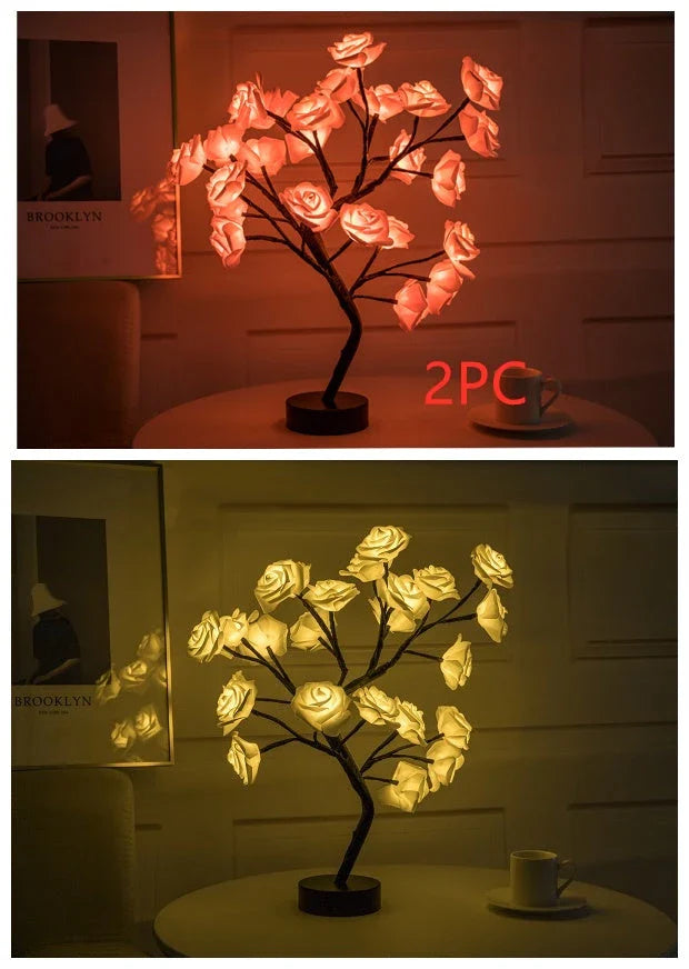 Rose Flower LED Table Lamp in white and red with USB and battery operation