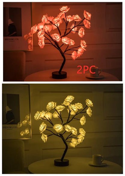 Rose Flower LED Table Lamp in white and red with USB and battery operation