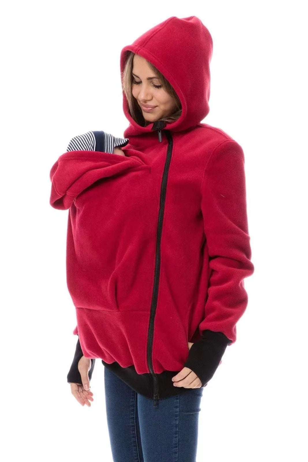 Red loose polar fleece sweater for women with long sleeves and spandex stretch fabric