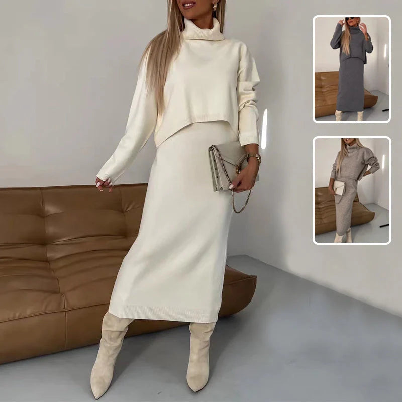 Women's winter fashion two-piece set featuring a turtleneck pullover and sleeveless long dress in white, grey, or camel.