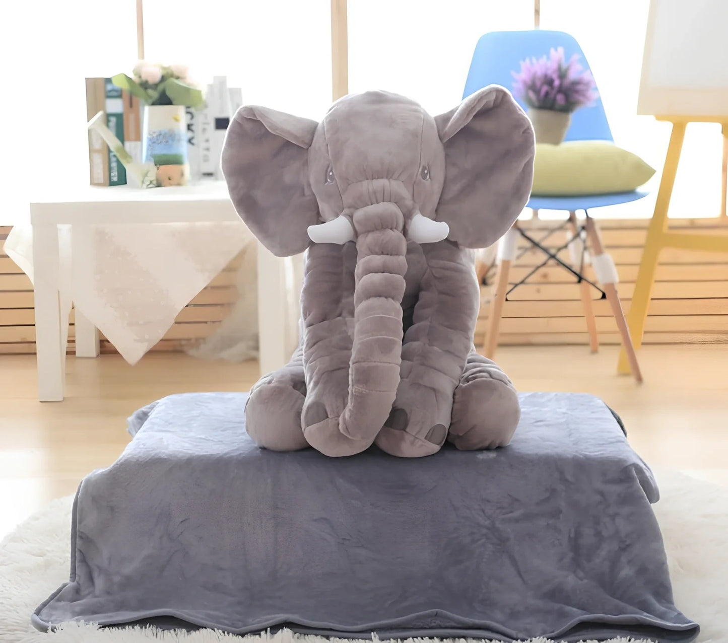 Soft 60cm grey elephant plush toy pillow with PP cotton filling for children's calming, in various colours like blue and pink