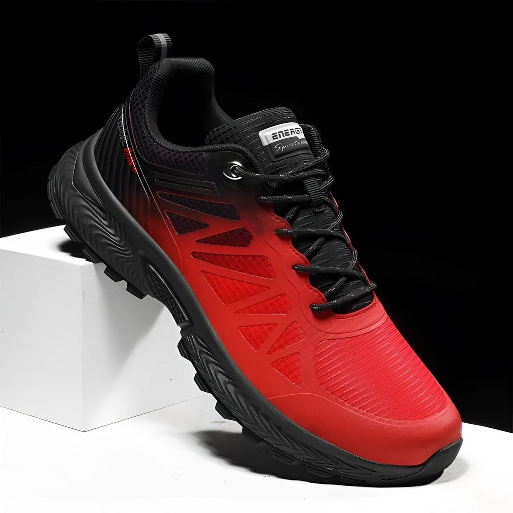 Men's black and grey breathable mesh running shoes with lace-up front and rubber sole.