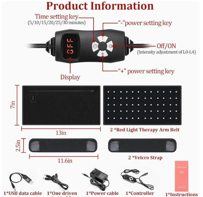 Arm massage belt with red light infrared therapy pad on arm, 32×17cm black diving fabric, controller and straps visible