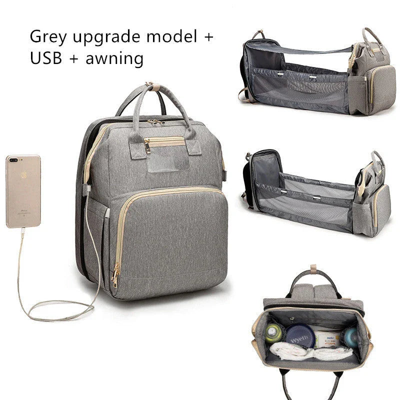 USB charging mommy bed backpack with foldable design and large capacity