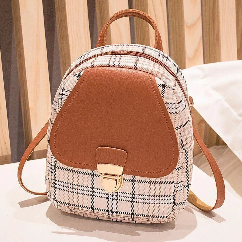 Ladies plaid small backpack in various colors, showing front and side views