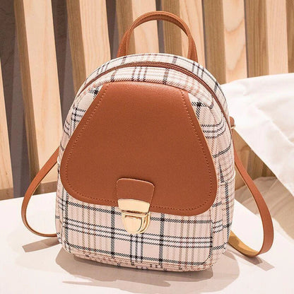 Ladies plaid small backpack in various colors, showing front and side views