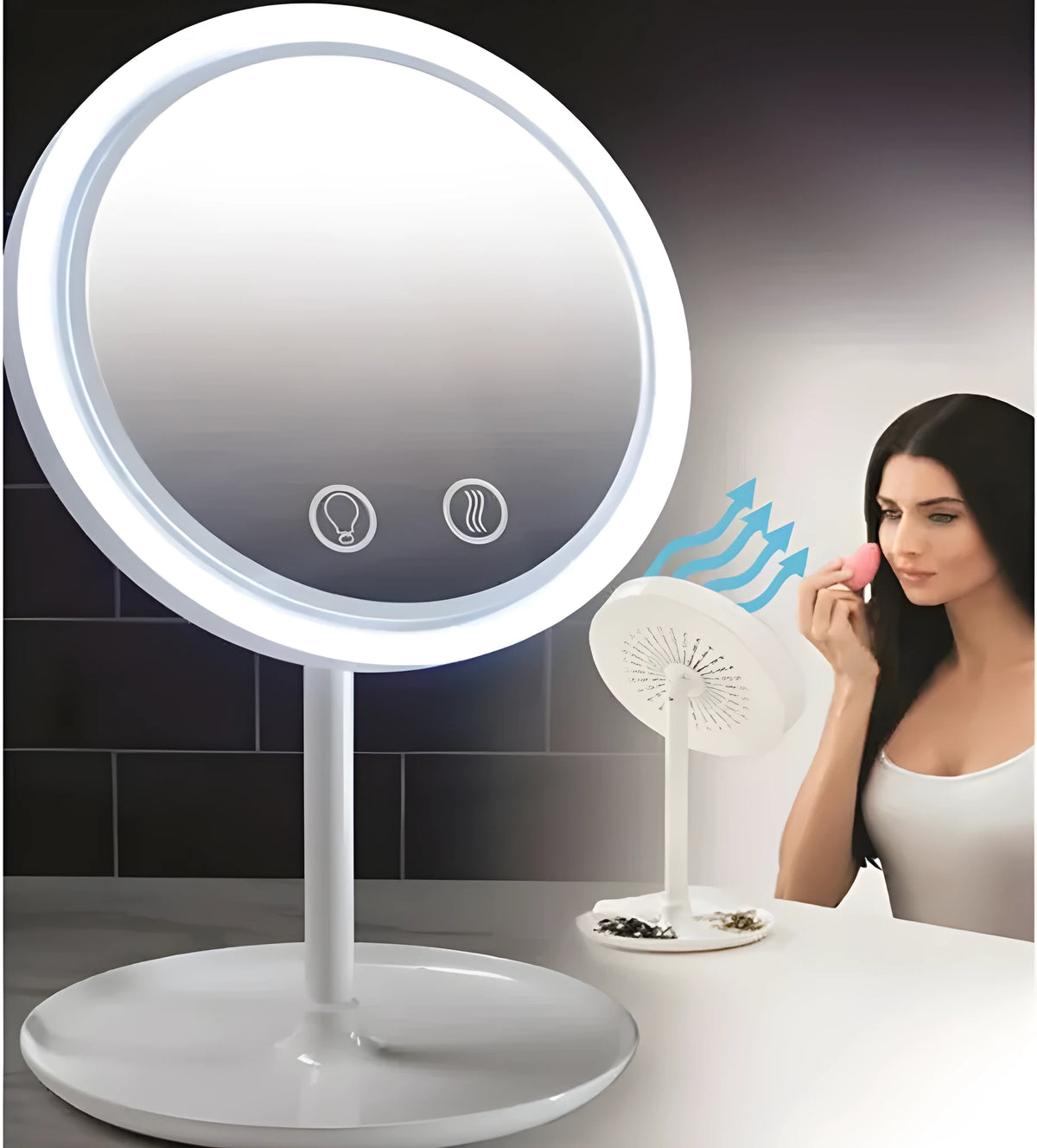 White foldable fan LED light makeup mirror on a desk with adjustable lights