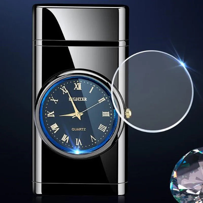 Multifunctional metal electronic watch and gas lighter with LED lamp shown in various colour finishes.