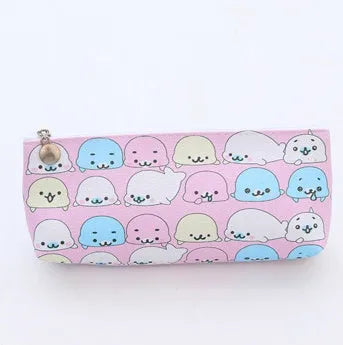 Blue triangle-shaped PU leather stationery bag with cartoon expressions and large zipper closure