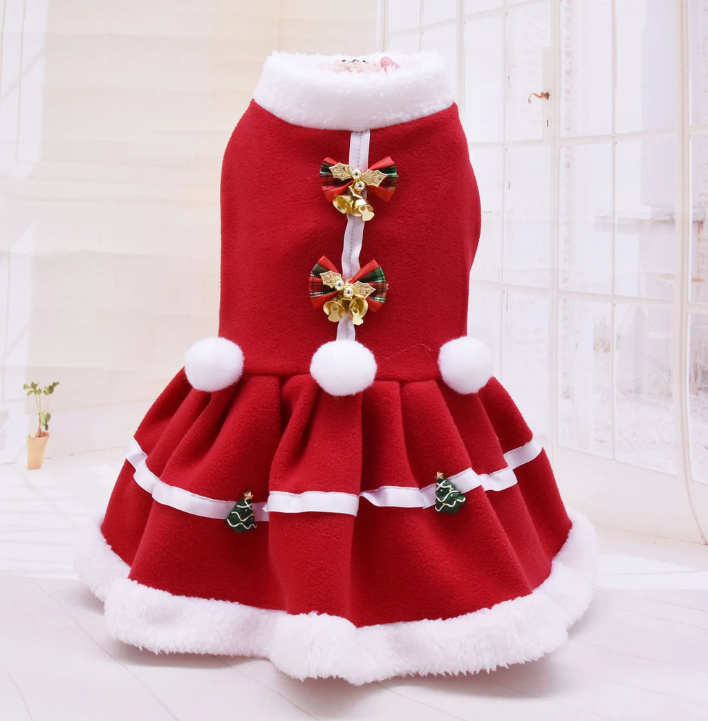 Red fleece Christmas dog dress with skirt design on a small dog, size S to XXL available.
