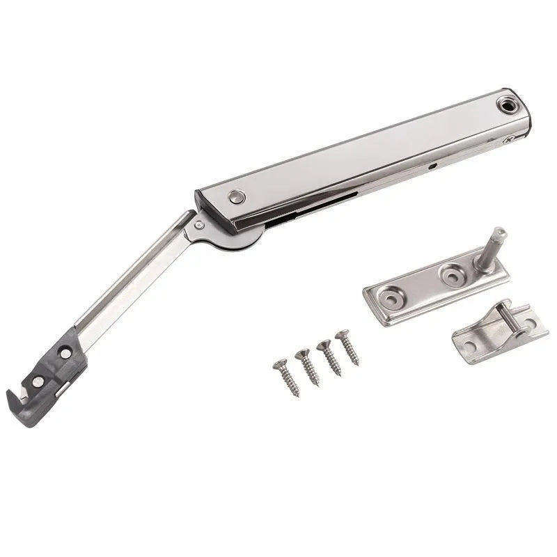 Cold rolled steel flap-up door support rod in natural stainless steel finish.