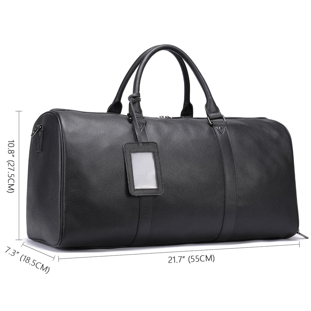 Men's leather excursion tote bag in black or coffee colour showing top-layer cowhide construction