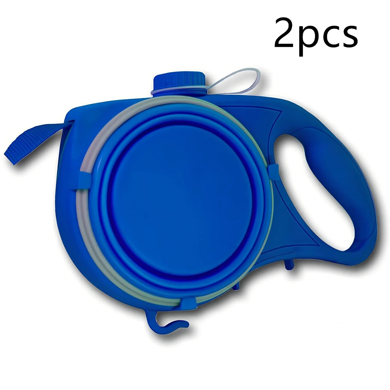 Blue automatic retractable dog leash with 3m extension, ergonomic handle, and folded silicone bowl, 22x16x5.5cm size