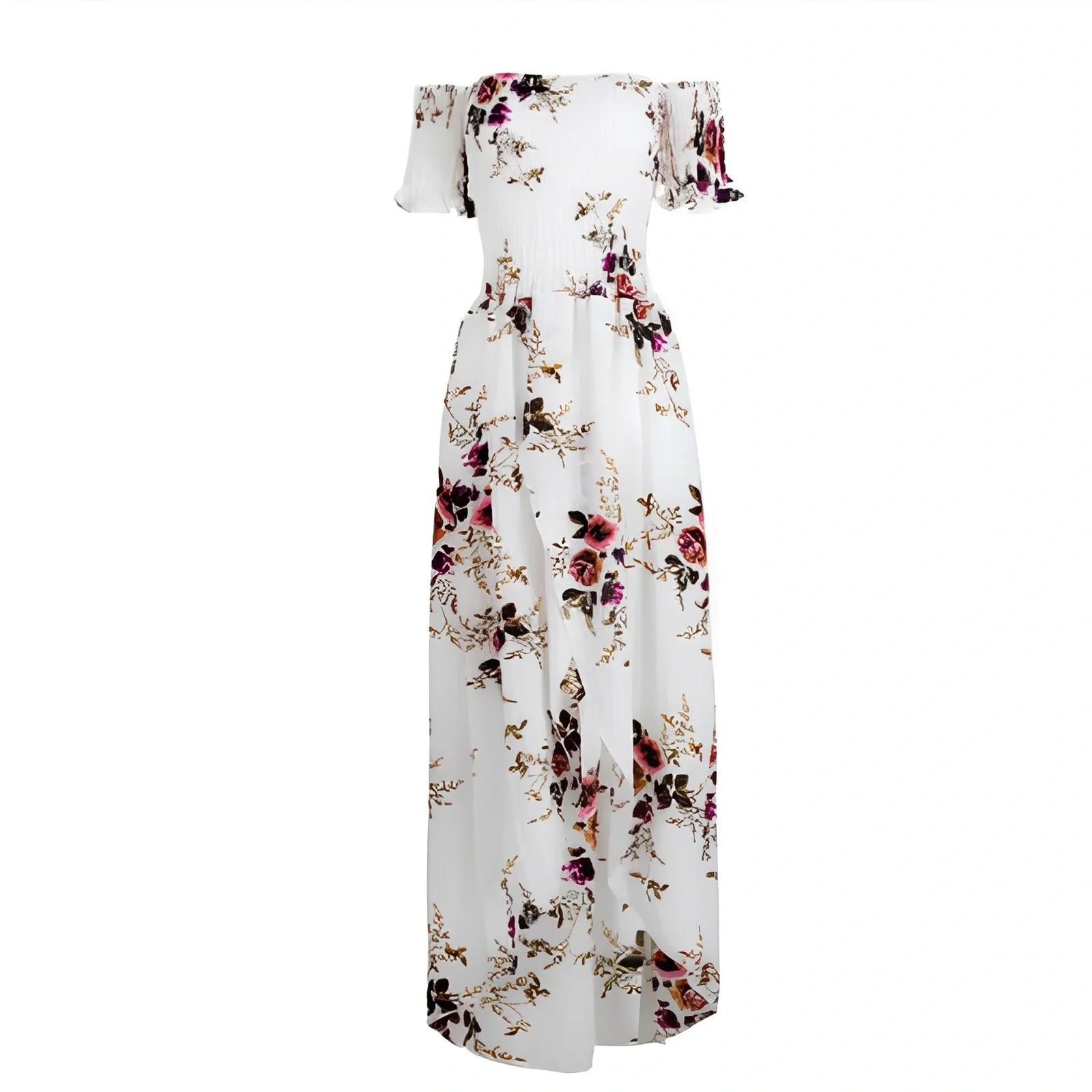 Women's boho off-shoulder summer dress in stretch fabric with beach-ready design