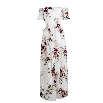 Women's boho off-shoulder summer dress in stretch fabric with beach-ready design