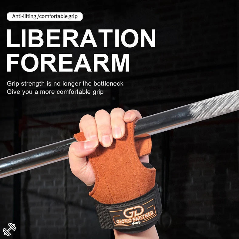 Brown-red cowhide palm protectors for weightlifting with non-slip leather surface