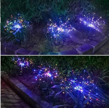 Solar-powered string lights with fireworks-inspired lighting effects, perfect for outdoor gardens, patios, and parties