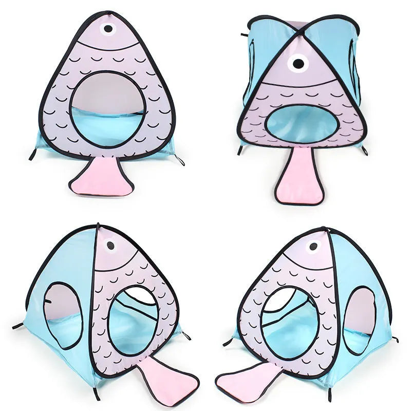 Foldable pet tent and tunnel set with cat and fish design in blue, white and orange colours