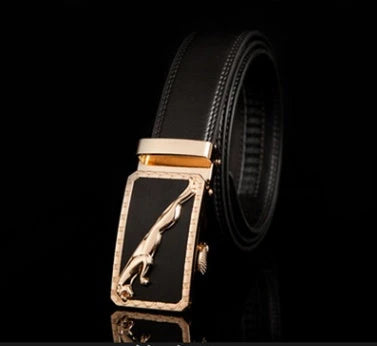 Men's automatic buckle leather belt with gold buckle head, 3.55cm width