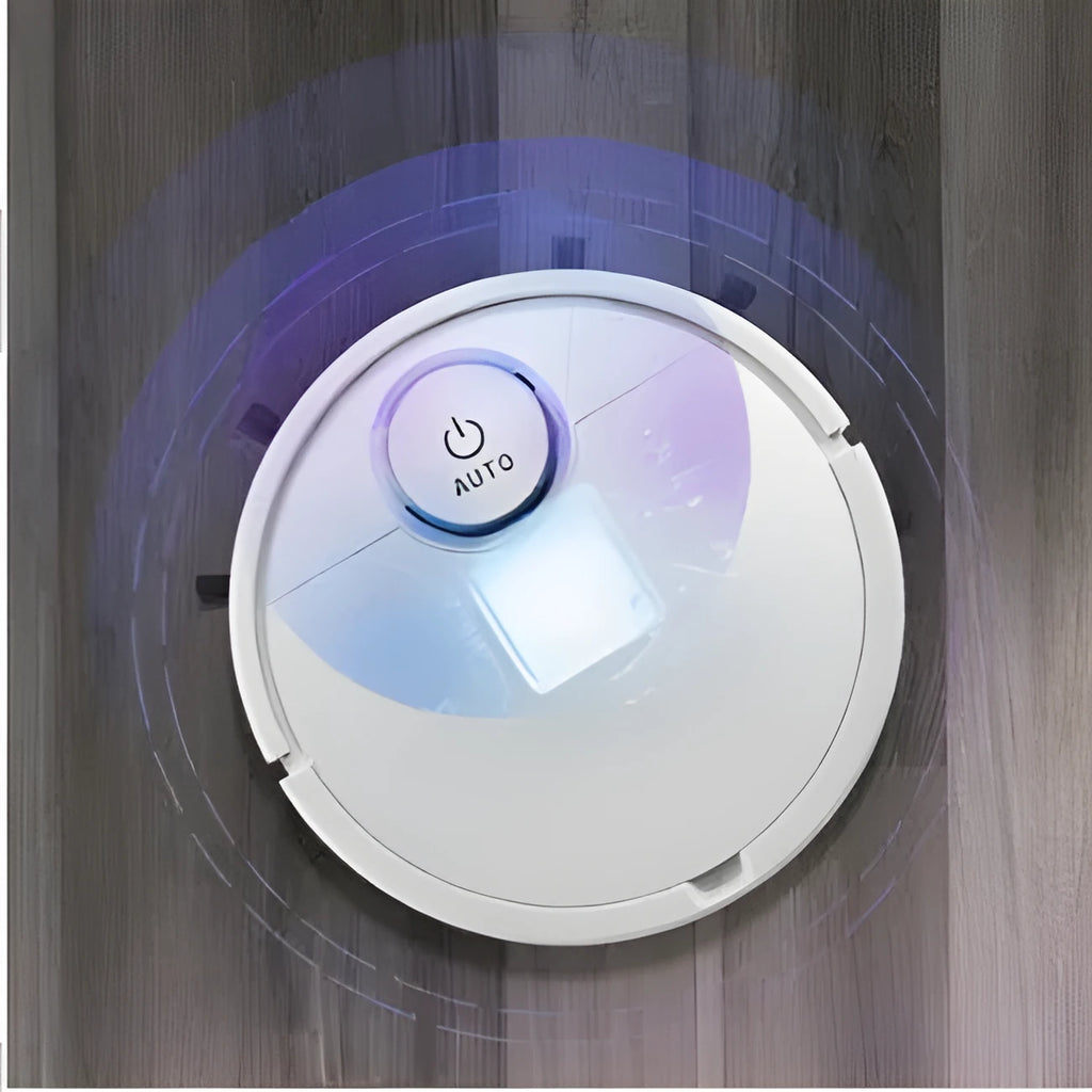Automatic floor sweeping robot with circular ABS plastic body, 28cm diameter.